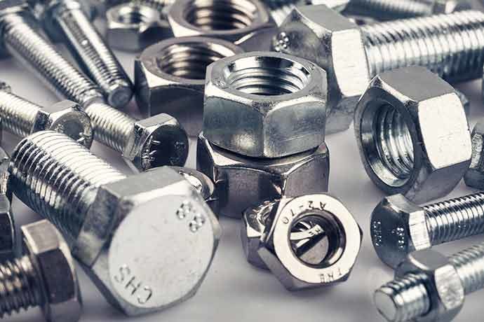 Group of nuts, bolts, and screws made from steel